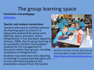 The group learning space
Curriculum and pedagogy:
Click here.
Teacher and student connections:
Teachers will need to carefully examine
the learning space to ensure it is
adequately prepared for group work
(lighting, space, acoustics, colour,
temperature). It has also been argued by
Johnson, 2009, that for group learning to
be successful, teachers must prepare
students for the management of
discussion within their groups, including
acceptance of disagreement.
Students may need extra time adjusting
to working in a group learning space and
as such will require guidance and
preparation sessions from the teacher.

Northern Christian School. (2012) Group
Learning [digital image]. Retrieved from
http://www.northernsuburbs.tas.edu.au
/

 