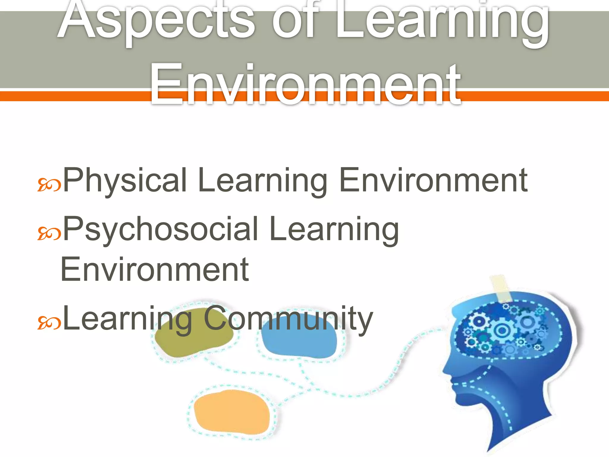 Physical

Learning Environment
Psychosocial Learning
Environment
Learning Community

 