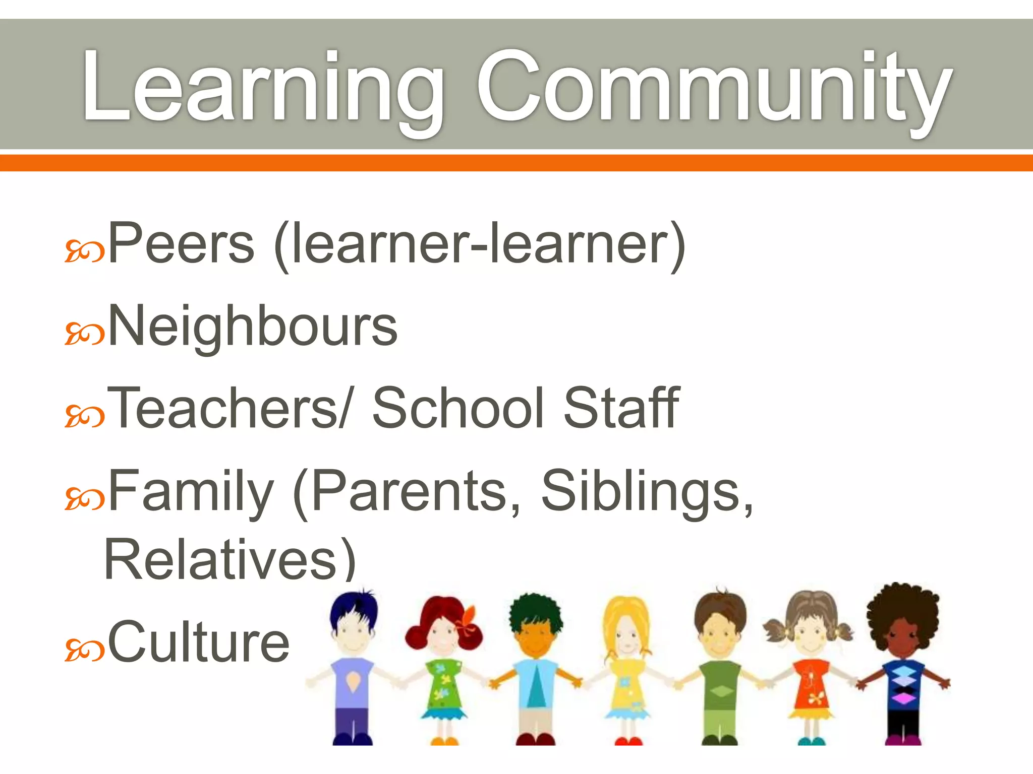 Peers

(learner-learner)
Neighbours
Teachers/ School Staff
Family (Parents, Siblings,
Relatives)
Culture

 