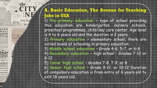 A. Basic Education, The Avenue for Teaching
Jobs in USA
1) Pre-primary education – type of school providing
this education are kindergarten, nursery schools,
preschool programmes, child/day care center. Age level
is 4 to 6 years old and the duration is 2 years.
2) Primary education – elementary school, there are
varied levels of schooling in primary education.
3) Middle school education – Grade 4-6, 5-7, or 6-8
4) Secondary education – high school – Grades 7-12 or
8-12
5) Junior high school – Grades 7-8, 7-9, or 8
6) Senior high school – Grade 9-12, or 10-12 Duration
of compulsory education is from entry of 6 years old to
exit 18 years old.
 