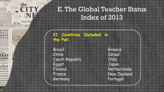 E.The Global Teacher Status
Index of 2013
21 Countries Included in
the Poll:
Brazil
China
Czech Republic
Egypt
Finland
France
Germany
Greece
Israel
Italy
Japan
Netherlands
New Zealand
Portugal
 