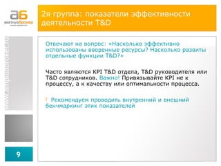 2я группа:  показатели эффективности деятельности  T&D Отвечают на вопрос: «Насколько эффективно использованы вверенные ресурсы? Насколько развиты отдельные функции  T&D ?» Часто являются  KPI   T&D  отдела,  T&D  руководителя или  T&D  сотрудников.  Важно!  Привязывайте  KPI  не к процессу, а к качеству или оптимальности процесса. Рекомендуем проводить внутренний и внешний бенчмаркинг этих показателей 