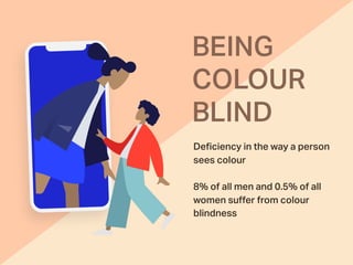 BEING
COLOUR
BLIND
Deﬁciency in the way a person
sees colour
8% of all men and 0.5% of all
women suﬀer from colour
blindness
 