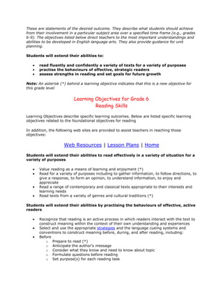 These are statements of the desired outcome. They describe what students should achieve
from their involvement in a particular subject area over a specified time frame (e.g., grades
6-9). The objectives listed below direct teachers to the most important understandings and
abilities to be developed in English language arts. They also provide guidance for unit
planning.
Students will extend their abilities to:
read fluently and confidently a variety of texts for a variety of purposes
practise the behaviours of effective, strategic readers
assess strengths in reading and set goals for future growth
Note: An asterisk (*) behind a learning objective indicates that this is a new objective for
this grade level
Learning Objectives for Grade 6
Reading Skills
Learning Objectives describe specific learning outcomes. Below are listed specific learning
objectives related to the foundational objectives for reading
In addition, the following web sites are provided to assist teachers in reaching those
objectives:
Web Resources | Lesson Plans | Home
Students will extend their abilities to read effectively in a variety of situation for a
variety of purposes
Value reading as a means of learning and enjoyment (*)
Read for a variety of purposes including to gather information, to follow directions, to
give a response, to form an opinion, to understand information, to enjoy and
appreciate
Read a range of contemporary and classical texts appropriate to their interests and
learning needs
Read texts from a variety of genres and cultural traditions (*)
Students will extend their abilities by practising the behaviours of effective, active
readers
Recognize that reading is an active process in which readers interact with the text to
construct meaning within the context of their own understanding and experiences
Select and use the appropriate strategies and the language cueing systems and
conventions to construct meaning before, during, and after reading, including:
Before
o Prepare to read (*)
o Anticipate the author's message
o Consider what they know and need to know about topic
o Formulate questions before reading
o Set purpose(s) for each reading task
 