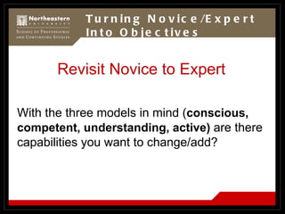 Turning Novice/Expert Into Objectives Revisit Novice to Expert With the three models in mind ( conscious, competent, under...