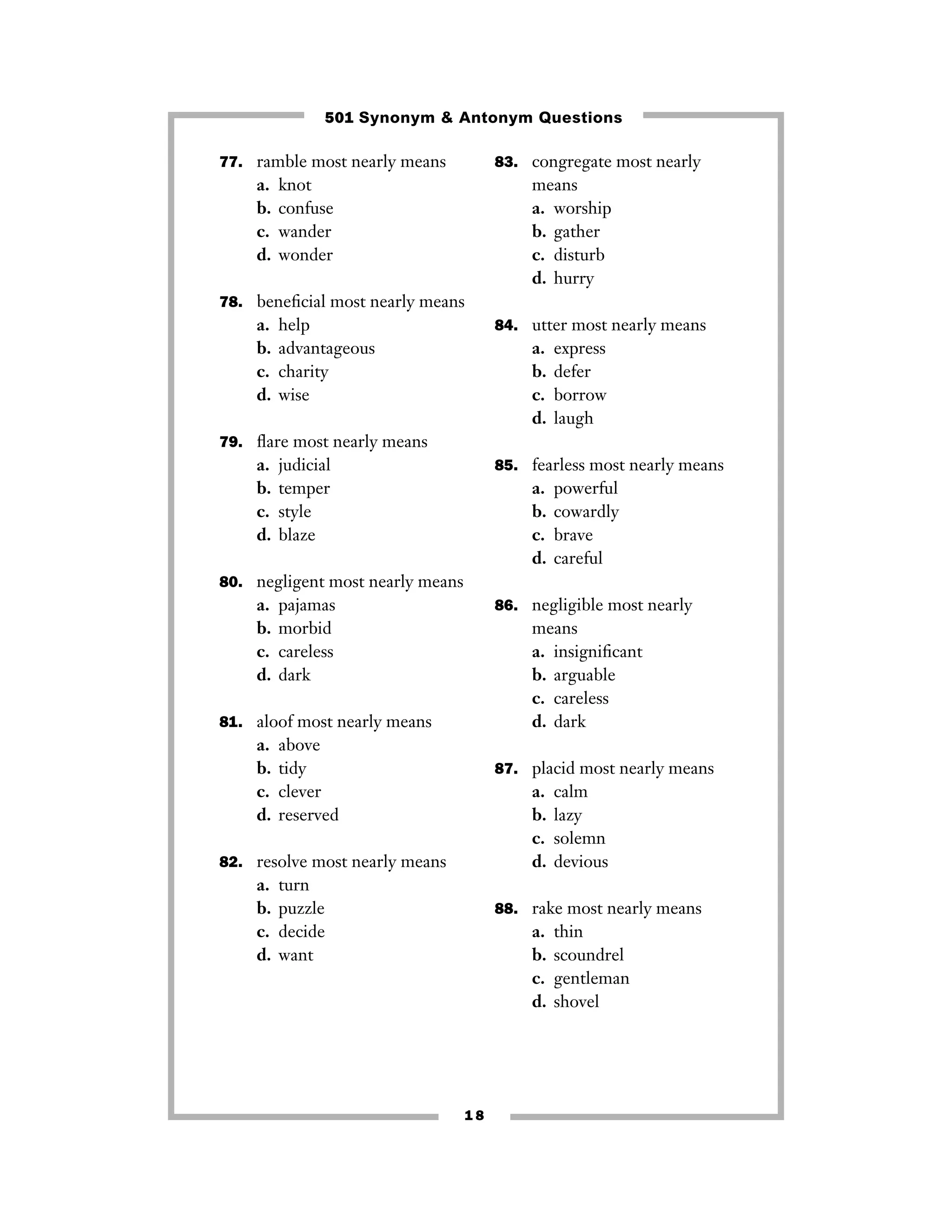 501 Synonym & Antonym Questions
77. ramble most nearly means

a.
b.
c.
d.

83. congregate most nearly

knot
confuse
wander
wonder

means
a. worship
b. gather
c. disturb
d. hurry

78. beneﬁcial most nearly means

a.
b.
c.
d.

help
advantageous
charity
wise

84. utter most nearly means

a.
b.
c.
d.

express
defer
borrow
laugh

79. ﬂare most nearly means

a.
b.
c.
d.

judicial
temper
style
blaze

85. fearless most nearly means

a.
b.
c.
d.

powerful
cowardly
brave
careful

80. negligent most nearly means

a.
b.
c.
d.

pajamas
morbid
careless
dark

86. negligible most nearly

means
a. insigniﬁcant
b. arguable
c. careless
d. dark

81. aloof most nearly means

a.
b.
c.
d.

above
tidy
clever
reserved

87. placid most nearly means

a.
b.
c.
d.

82. resolve most nearly means

a.
b.
c.
d.

turn
puzzle
decide
want

calm
lazy
solemn
devious

88. rake most nearly means

a.
b.
c.
d.

18

thin
scoundrel
gentleman
shovel

 