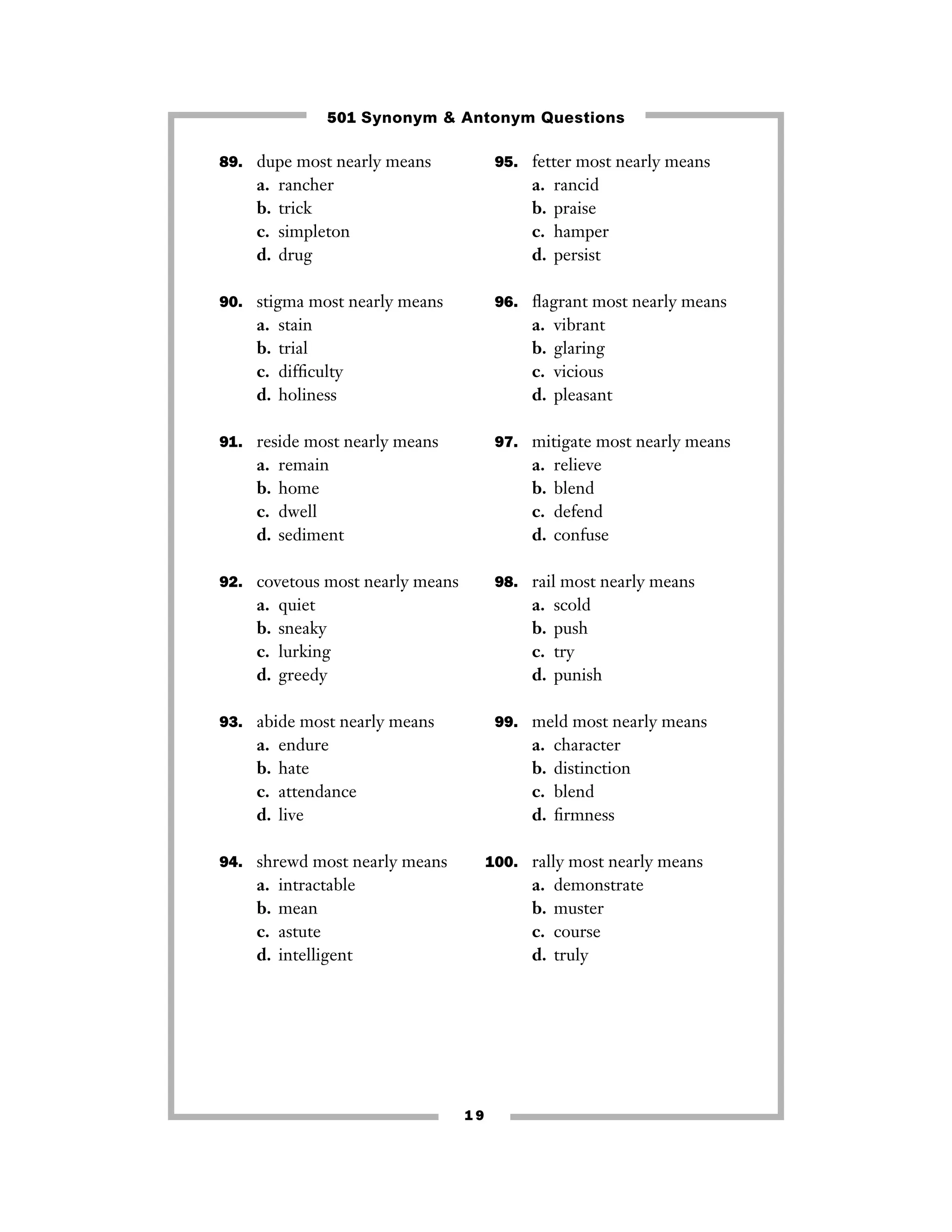 501 Synonym & Antonym Questions
89. dupe most nearly means

a.
b.
c.
d.

95. fetter most nearly means

rancher
trick
simpleton
drug

a.
b.
c.
d.

90. stigma most nearly means

a.
b.
c.
d.

96. ﬂagrant most nearly means

stain
trial
difﬁculty
holiness

a.
b.
c.
d.

91. reside most nearly means

a.
b.
c.
d.

remain
home
dwell
sediment

a.
b.
c.
d.

quiet
sneaky
lurking
greedy

a.
b.
c.
d.

scold
push
try
punish

99. meld most nearly means

endure
hate
attendance
live

a.
b.
c.
d.

94. shrewd most nearly means

a.
b.
c.
d.

relieve
blend
defend
confuse

98. rail most nearly means

93. abide most nearly means

a.
b.
c.
d.

vibrant
glaring
vicious
pleasant

97. mitigate most nearly means

92. covetous most nearly means

a.
b.
c.
d.

rancid
praise
hamper
persist

character
distinction
blend
ﬁrmness

100. rally most nearly means

intractable
mean
astute
intelligent

a.
b.
c.
d.

19

demonstrate
muster
course
truly

 