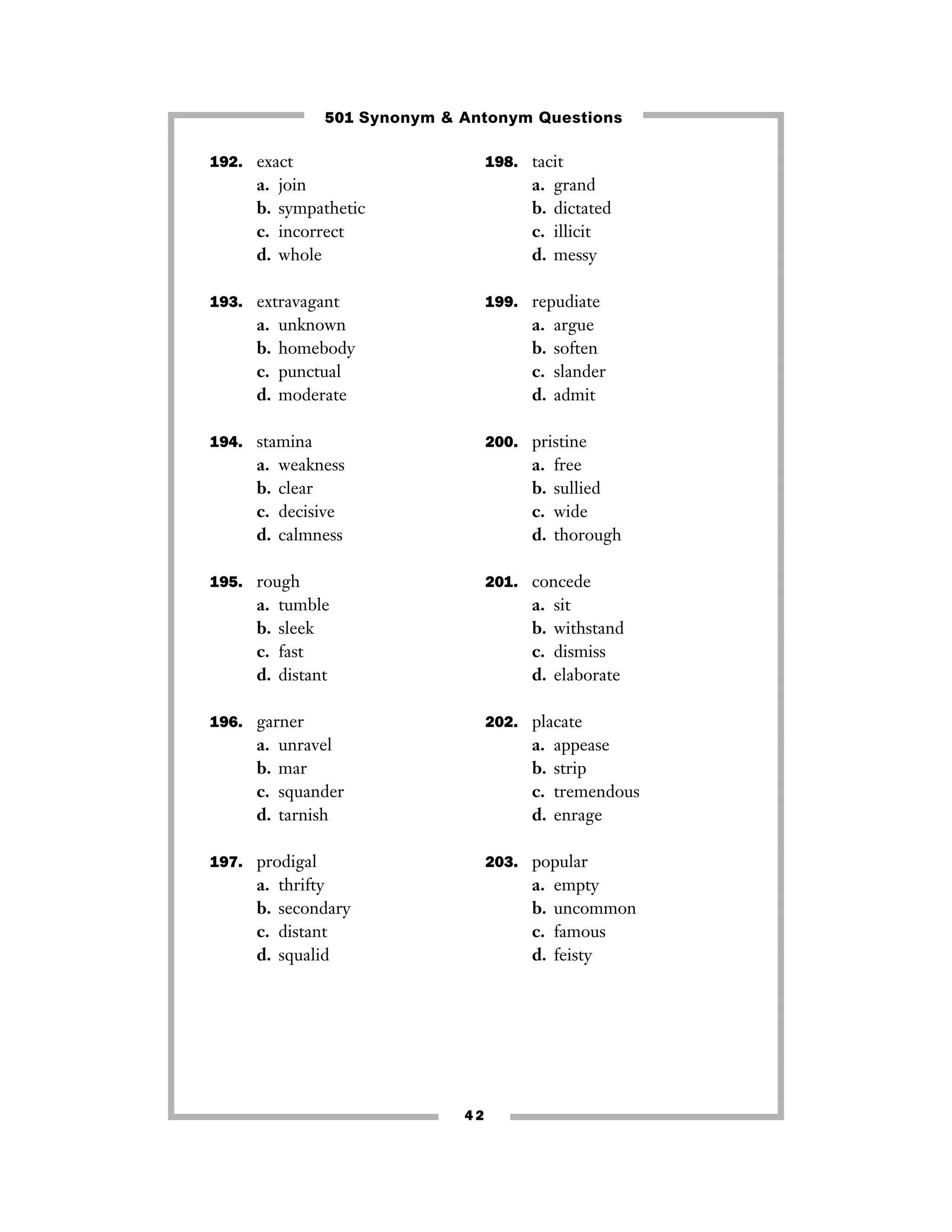 501 Synonym & Antonym Questions
192. exact

a.
b.
c.
d.

198. tacit

join
sympathetic
incorrect
whole

a.
b.
c.
d.

193. extravagant

a.
b.
c.
d.

grand
dictated
illicit
messy

199. repudiate

unknown
homebody
punctual
moderate

a.
b.
c.
d.

argue
soften
slander
admit

194. stamina

200. pristine

a.
b.
c.
d.

a.
b.
c.
d.

weakness
clear
decisive
calmness

195. rough

a.
b.
c.
d.

201. concede

tumble
sleek
fast
distant

a.
b.
c.
d.

196. garner

a.
b.
c.
d.

free
sullied
wide
thorough

sit
withstand
dismiss
elaborate

202. placate

unravel
mar
squander
tarnish

a.
b.
c.
d.

appease
strip
tremendous
enrage

197. prodigal

203. popular

a.
b.
c.
d.

a.
b.
c.
d.

thrifty
secondary
distant
squalid

42

empty
uncommon
famous
feisty

 