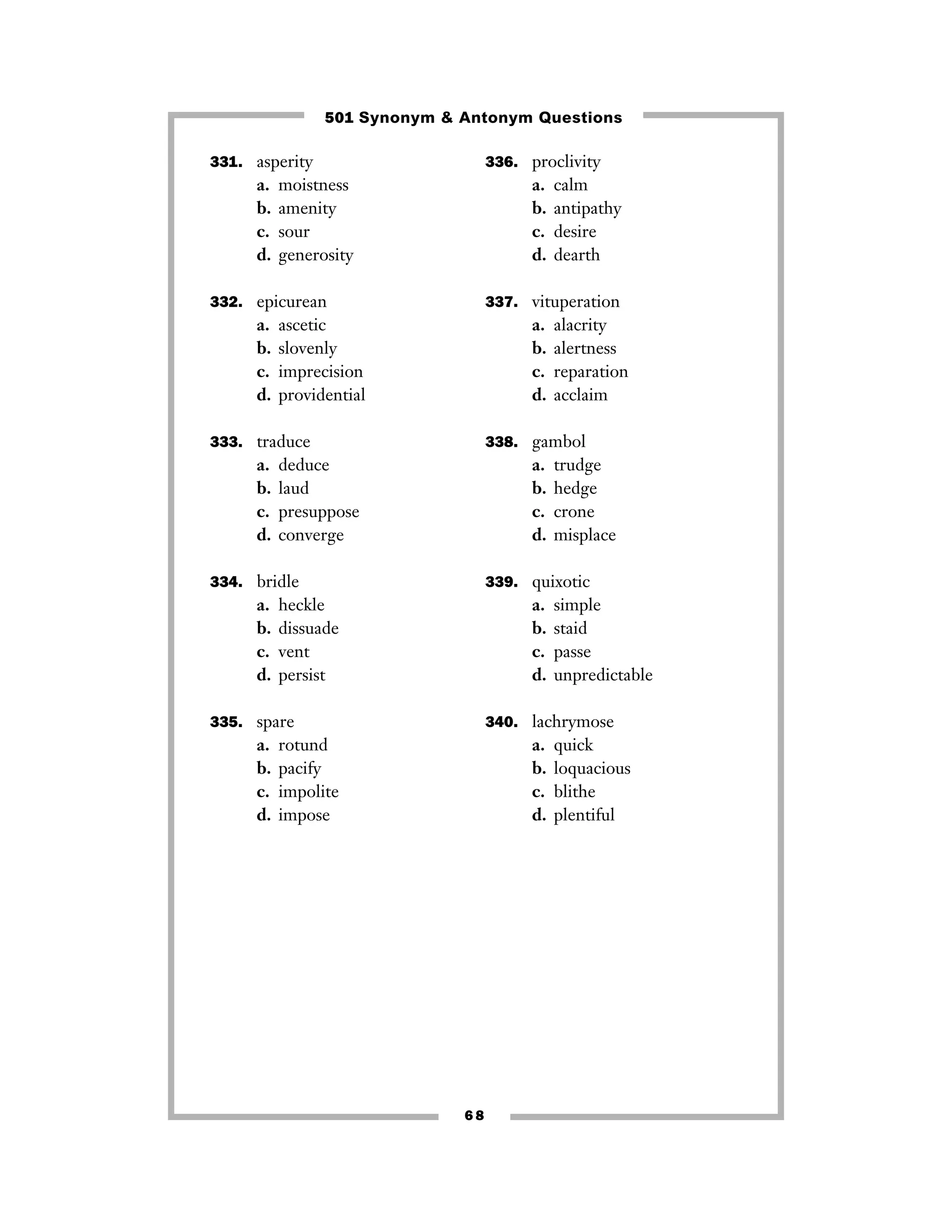 501 Synonym & Antonym Questions
331. asperity

336. proclivity

a.
b.
c.
d.

a.
b.
c.
d.

moistness
amenity
sour
generosity

332. epicurean

a.
b.
c.
d.

calm
antipathy
desire
dearth

337. vituperation

ascetic
slovenly
imprecision
providential

a.
b.
c.
d.

alacrity
alertness
reparation
acclaim

333. traduce

338. gambol

a.
b.
c.
d.

a.
b.
c.
d.

deduce
laud
presuppose
converge

334. bridle

a.
b.
c.
d.

339. quixotic

heckle
dissuade
vent
persist

a.
b.
c.
d.

335. spare

a.
b.
c.
d.

trudge
hedge
crone
misplace

simple
staid
passe
unpredictable

340. lachrymose

rotund
pacify
impolite
impose

a.
b.
c.
d.

68

quick
loquacious
blithe
plentiful

 