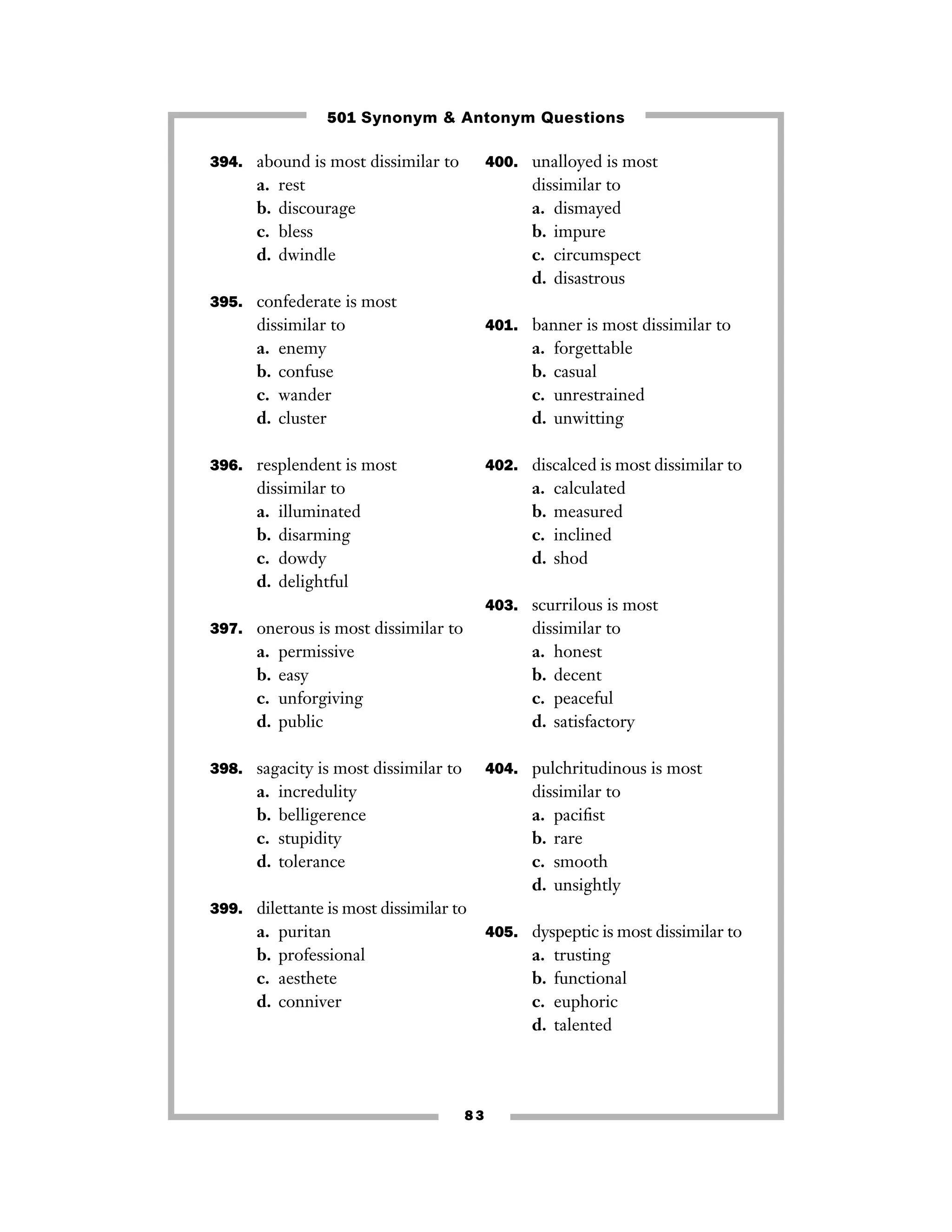 501 Synonym & Antonym Questions
394. abound is most dissimilar to

a.
b.
c.
d.

400. unalloyed is most

rest
discourage
bless
dwindle

dissimilar to
a. dismayed
b. impure
c. circumspect
d. disastrous

395. confederate is most

dissimilar to
a. enemy
b. confuse
c. wander
d. cluster

401. banner is most dissimilar to

a.
b.
c.
d.

396. resplendent is most

forgettable
casual
unrestrained
unwitting

402. discalced is most dissimilar to

dissimilar to
a. illuminated
b. disarming
c. dowdy
d. delightful

a.
b.
c.
d.

calculated
measured
inclined
shod

403. scurrilous is most

dissimilar to
a. honest
b. decent
c. peaceful
d. satisfactory

397. onerous is most dissimilar to

a.
b.
c.
d.

permissive
easy
unforgiving
public

398. sagacity is most dissimilar to

a.
b.
c.
d.

404. pulchritudinous is most

incredulity
belligerence
stupidity
tolerance

dissimilar to
a. paciﬁst
b. rare
c. smooth
d. unsightly

399. dilettante is most dissimilar to

a.
b.
c.
d.

puritan
professional
aesthete
conniver

405. dyspeptic is most dissimilar to

a.
b.
c.
d.

83

trusting
functional
euphoric
talented

 