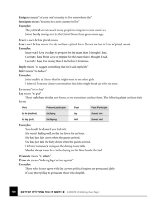 Emigrate means “to leave one’s country to live somewhere else”
Immigrate means “to come to a new country to live”
Examples:
The political unrest caused many people to emigrate to new countries.
John’s family immigrated to the United States three generations ago.
Fewer is used before plural nouns
Less is used before nouns that do not have a plural form. Do not use less in front of plural nouns.
Examples:
Incorrect: I have less days to prepare for the exam than I thought I had.
Correct: I have fewer days to prepare for the exam than I thought I had.
Correct: I have less money than I did before Christmas.
Imply means “to suggest something that isn’t said explicitly”
Infer means “to deduce”
Examples:
John implied at dinner that he might want to see other girls.
I inferred from our dinner conversation that John might break up with me soon.
Lie means “to recline”
Lay means “to put”
These verbs have similar past forms, so we sometimes confuse them. The following chart outlines their
forms.
Verb

Present participle

Past

Past Participle

to lie (recline)

(is) lying

lay

(have) lain

to lay (put)

(is) laying

laid

(have) laid

Examples:
You should lie down if you feel sick.
She wasn’t feeling well, so she lay down for an hour.
She had just lain down when the guests arrived.
She had just laid the baby down when the guests arrived.
I left my homework laying on the dining room table.
Marsha always leaves her clothes laying on the ﬂoor beside the bed.
Persecute means “to attack”
Prosecute means “to bring legal action against”
Examples:
Those who do not agree with the current political regime are persecuted daily.
It’s our store policy to prosecute those who shoplift.

100

BETTER WRITING RIGHT NOW!

LESSON 10 Editing Your Paper

 