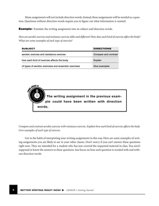 Many assignments will not include direction words. Instead, these assignments will be worded as a question. Questions without direction words require you to ﬁgure out what information is wanted.
Example: Translate the writing assignment into its subject and direction words.
How are aerobic exercise and resistance exercise alike and different? How does each kind of exercise affect the body?
What are some examples of each type of exercise?
DIRECTIONS

aerobic exercise and resistance exercise

Compare and contrast

how each kind of exercise affects the body

Explain

of types of aerobic exercises and anaerobic exercises

Give examples

THIN
K

SUBJECT

OUT IT
AB

The writing assignment in the previous example could have been written with direction
words.

Compare and contrast aerobic exercise with resistance exercise. Explain how each kind of exercise affects the body.
Give examples of each type of exercise.
Get in the habit of interpreting your writing assignments in this way. Here are some examples of writing assignments you are likely to see in your other classes. Don’t worry if you can’t answer these questions
right now. They are intended for a student who has just covered the requested material in class. You aren’t
supposed to know the answers to these questions. Just focus on how each question is worded with and without direction words.

8

BETTER WRITING RIGHT NOW!

LESSON 1 Getting Started

 