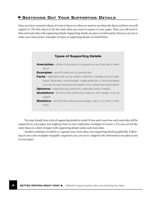 S K E T C H I N G O U T Y O U R S U P P O R T I N G D E TA I L S
Once you have a tentative thesis, it’s time to focus on what you want to say about the thesis and how you will
support it. The ﬁrst step is to list the main ideas you want to express in your paper. Then you will need to
link each main idea with supporting details. Supporting details are pieces of information that you can use to
make your main points. Examples of types of supporting details are listed below.

Types of Supporting Details
Anecdotes—stories or descriptions of experiences you have had or heard
about
Examples—speciﬁc instances of a general idea
Facts—statements that can be veriﬁed in reference materials (such as databases, dictionaries, encyclopedias, college textbooks, or other specialized
sources), through interviews with experts, or by making direct observations
Opinions—judgments and predictions, especially those of experts
Quotations—word-for-word statements made by other people, such as
experts
Statistics—facts that are written as percentages, ratios, or in other numeric
forms

You may already have a list of supporting details in mind. If you aren’t sure how each main idea will be
supported in your paper, you might go back to your exploratory strategies in Lesson 2. Or, you can list the
main ideas on a sheet of paper with supporting details under each main idea.
Another technique would be to organize your main ideas and supporting details graphically. Following are just a few examples of graphic organizers you can use to categorize the information you plan to put
in your paper.

38

BETTER WRITING RIGHT NOW!

LESSON 4 Organizing Your Ideas and Outlining Your Paper

 