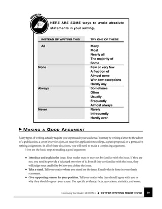 W

G TIP
TIN
RI

HERE ARE SOME ways to avoid absolute
statements in your writing.

INSTEAD OF WRITING THIS

TRY ONE OF THESE

All

Many
Most
Nearly all
The majority of
Some
Few or very few
A fraction of
Almost none
With few exceptions
Hardly any
Sometimes
Often
Usually
Frequently
Almost always
Rarely
Infrequently
Hardly ever

None

Always

Never

MAKING

A

GOOD ARGUMENT

Many types of writing actually require you to persuade your audience. You may be writing a letter to the editor
of a publication, a cover letter for a job, an essay for application to college, a grant proposal, or a persuasive
writing assignment. In all of these situations, you will need to make a convincing argument.
Here are the basic steps to making a good argument:
■

■

■

Introduce and explain the issue. Your reader may or may not be familiar with the issue. If they are
not, you need to provide a balanced overview of it. Even if they are familiar with the issue, they
will judge your credibility by how you deﬁne the issue.
Take a stand. Tell your reader where you stand on the issue. Usually this is done in your thesis
statement.
Give supporting reasons for your position. Tell your reader why they should agree with you or
why they should support your cause. Use speciﬁc evidence: facts, quotations, statistics, and so on.

Convincing Your Reader LESSON 6

BETTER WRITING RIGHT NOW!

59

 
