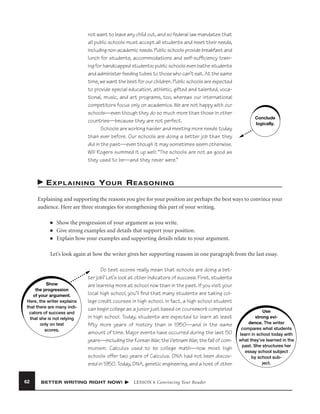 not want to leave any child out, and so federal law mandates that
all public schools must accept all students and meet their needs,
including non-academic needs. Public schools provide breakfast and
lunch for students, accommodations and self-sufﬁciency training for handicapped students; public schools even bathe students
and administer feeding tubes to those who can’t eat. At the same
time, we want the best for our children. Public schools are expected
to provide special education, athletic, gifted and talented, vocational, music, and art programs, too, whereas our international
competitors focus only on academics. We are not happy with our
schools—even though they do so much more than those in other
countries—because they are not perfect.
Schools are working harder and meeting more needs today
than ever before. Our schools are doing a better job than they
did in the past—even though it may sometimes seem otherwise.
Will Rogers summed it up well: “The schools are not as good as
they used to be—and they never were.”

Conclude
logically.

EXPLAINING YOUR REASONING
Explaining and supporting the reasons you give for your position are perhaps the best ways to convince your
audience. Here are three strategies for strengthening this part of your writing.
■
■
■

Show the progression of your argument as you write.
Give strong examples and details that support your position.
Explain how your examples and supporting details relate to your argument.

Let’s look again at how the writer gives her supporting reasons in one paragraph from the last essay.

Show
the progression
of your argument.
Here, the writer explains
that there are many indicators of success and
that she is not relying
only on test
scores.

62

Do test scores really mean that schools are doing a better job? Let’s look at other indicators of success. First, students
are learning more at school now than in the past. If you visit your
local high school, you’ll ﬁnd that many students are taking college credit courses in high school. In fact, a high school student
can begin college as a junior just based on coursework completed
in high school. Today, students are expected to learn at least
ﬁfty more years of history than in 1950—and in the same
amount of time. Major events have occurred during the last 50
years—including the Korean War, the Vietnam War, the fall of communism. Calculus used to be college math—now most high
schools offer two years of Calculus. DNA had not been discovered in 1950. Today, DNA, genetic engineering, and a host of other

BETTER WRITING RIGHT NOW!

LESSON 6 Convincing Your Reader

Use
strong evidence. The writer
compares what students
learn in school today with
what they’ve learned in the
past. She structures her
essay school subject
by school subject.

 