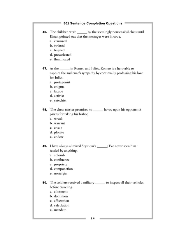 Sentence Completion Exercises Sentence Completion Exercises