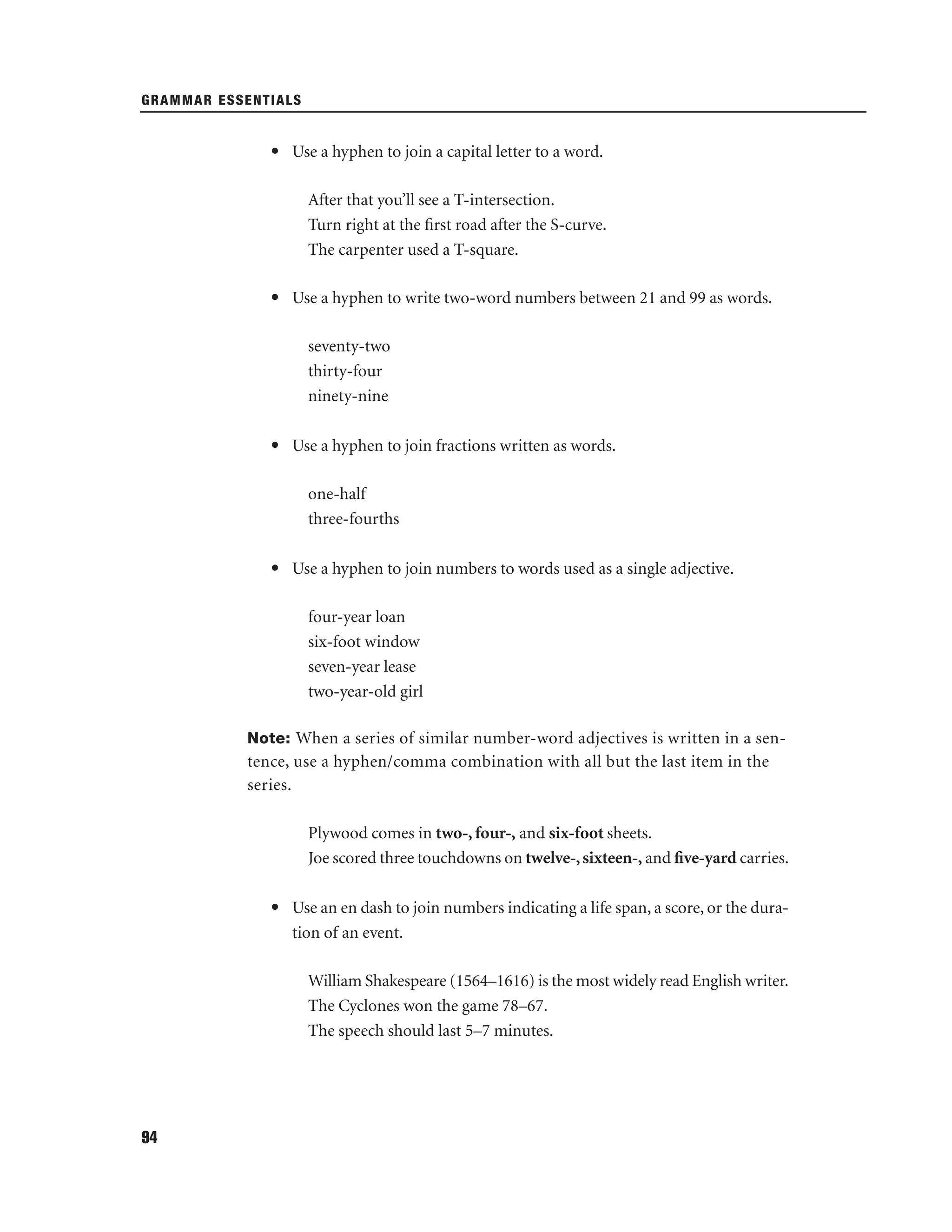 GRAMMAR ESSENTIALS

• Use a hyphen to join a capital letter to a word.
After that you’ll see a T-intersection.
Turn right at the ﬁrst road after the S-curve.
The carpenter used a T-square.
• Use a hyphen to write two-word numbers between 21 and 99 as words.
seventy-two
thirty-four
ninety-nine
• Use a hyphen to join fractions written as words.
one-half
three-fourths
• Use a hyphen to join numbers to words used as a single adjective.
four-year loan
six-foot window
seven-year lease
two-year-old girl
Note: When a series of similar number-word adjectives is written in a sen-

tence, use a hyphen/comma combination with all but the last item in the
series.
Plywood comes in two-, four-, and six-foot sheets.
Joe scored three touchdowns on twelve-, sixteen-, and ﬁve-yard carries.
• Use an en dash to join numbers indicating a life span, a score, or the duration of an event.
William Shakespeare (1564–1616) is the most widely read English writer.
The Cyclones won the game 78–67.
The speech should last 5–7 minutes.

94

 