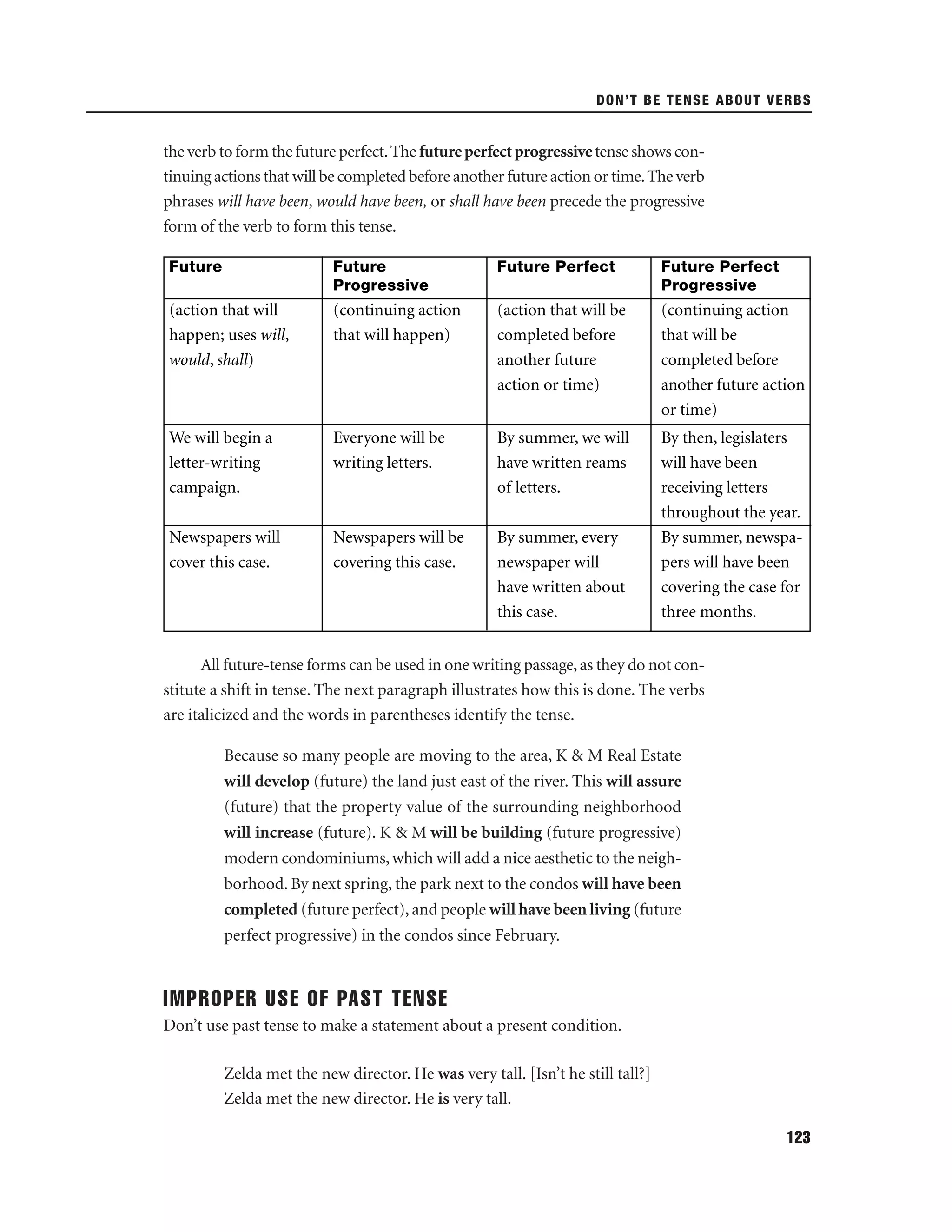 DON’T BE TENSE ABOUT VERBS

the verb to form the future perfect. The future perfect progressive tense shows continuing actions that will be completed before another future action or time. The verb
phrases will have been, would have been, or shall have been precede the progressive
form of the verb to form this tense.
Future

Future
Progressive

Future Perfect

Future Perfect
Progressive

(action that will
happen; uses will,
would, shall)

(continuing action
that will happen)

(action that will be
completed before
another future
action or time)

(continuing action
that will be
completed before
another future action
or time)

We will begin a
letter-writing
campaign.

Everyone will be
writing letters.

By summer, we will
have written reams
of letters.

Newspapers will
cover this case.

Newspapers will be
covering this case.

By summer, every
newspaper will
have written about
this case.

By then, legislaters
will have been
receiving letters
throughout the year.
By summer, newspapers will have been
covering the case for
three months.

All future-tense forms can be used in one writing passage, as they do not constitute a shift in tense. The next paragraph illustrates how this is done. The verbs
are italicized and the words in parentheses identify the tense.
Because so many people are moving to the area, K & M Real Estate
will develop (future) the land just east of the river. This will assure
(future) that the property value of the surrounding neighborhood
will increase (future). K & M will be building (future progressive)
modern condominiums, which will add a nice aesthetic to the neighborhood. By next spring, the park next to the condos will have been
completed (future perfect), and people will have been living (future
perfect progressive) in the condos since February.

IMPROPER USE OF PAST TENSE
Don’t use past tense to make a statement about a present condition.
Zelda met the new director. He was very tall. [Isn’t he still tall?]
Zelda met the new director. He is very tall.
123

 