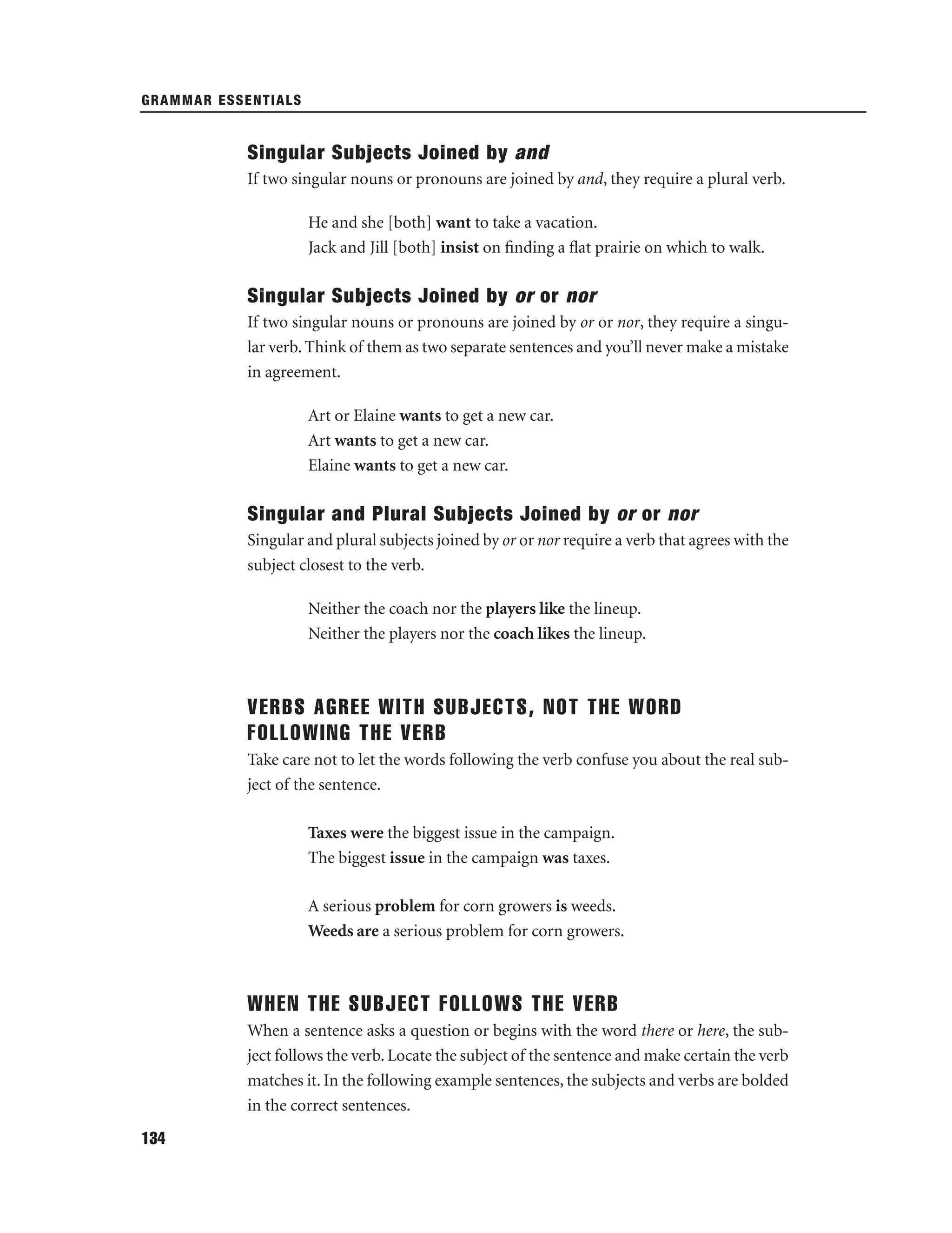 GRAMMAR ESSENTIALS

Singular Subjects Joined by and
If two singular nouns or pronouns are joined by and, they require a plural verb.
He and she [both] want to take a vacation.
Jack and Jill [both] insist on ﬁnding a ﬂat prairie on which to walk.

Singular Subjects Joined by or or nor
If two singular nouns or pronouns are joined by or or nor, they require a singular verb. Think of them as two separate sentences and you’ll never make a mistake
in agreement.
Art or Elaine wants to get a new car.
Art wants to get a new car.
Elaine wants to get a new car.

Singular and Plural Subjects Joined by or or nor
Singular and plural subjects joined by or or nor require a verb that agrees with the
subject closest to the verb.
Neither the coach nor the players like the lineup.
Neither the players nor the coach likes the lineup.

VERBS AGREE WITH SUBJECTS, NOT THE WORD
FOLLOWING THE VERB
Take care not to let the words following the verb confuse you about the real subject of the sentence.
Taxes were the biggest issue in the campaign.
The biggest issue in the campaign was taxes.
A serious problem for corn growers is weeds.
Weeds are a serious problem for corn growers.

WHEN THE SUBJECT FOLLOWS THE VERB
When a sentence asks a question or begins with the word there or here, the subject follows the verb. Locate the subject of the sentence and make certain the verb
matches it. In the following example sentences, the subjects and verbs are bolded
in the correct sentences.
134

 