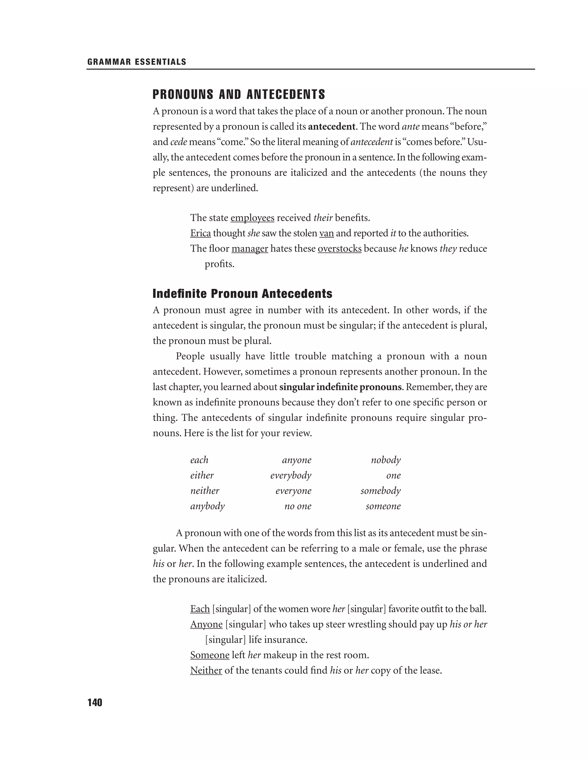 GRAMMAR ESSENTIALS

PRONOUNS AND ANTECEDENTS
A pronoun is a word that takes the place of a noun or another pronoun. The noun
represented by a pronoun is called its antecedent. The word ante means “before,”
and cede means “come.” So the literal meaning of antecedent is “comes before.” Usually, the antecedent comes before the pronoun in a sentence. In the following example sentences, the pronouns are italicized and the antecedents (the nouns they
represent) are underlined.
The state employees received their beneﬁts.
Erica thought she saw the stolen van and reported it to the authorities.
The ﬂoor manager hates these overstocks because he knows they reduce
proﬁts.

Indeﬁnite Pronoun Antecedents
A pronoun must agree in number with its antecedent. In other words, if the
antecedent is singular, the pronoun must be singular; if the antecedent is plural,
the pronoun must be plural.
People usually have little trouble matching a pronoun with a noun
antecedent. However, sometimes a pronoun represents another pronoun. In the
last chapter, you learned about singular indeﬁnite pronouns. Remember, they are
known as indeﬁnite pronouns because they don’t refer to one speciﬁc person or
thing. The antecedents of singular indeﬁnite pronouns require singular pronouns. Here is the list for your review.
each
either
neither
anybody

anyone
everybody
everyone
no one

nobody
one
somebody
someone

A pronoun with one of the words from this list as its antecedent must be singular. When the antecedent can be referring to a male or female, use the phrase
his or her. In the following example sentences, the antecedent is underlined and
the pronouns are italicized.
Each [singular] of the women wore her [singular] favorite outﬁt to the ball.
Anyone [singular] who takes up steer wrestling should pay up his or her
[singular] life insurance.
Someone left her makeup in the rest room.
Neither of the tenants could ﬁnd his or her copy of the lease.
140

 