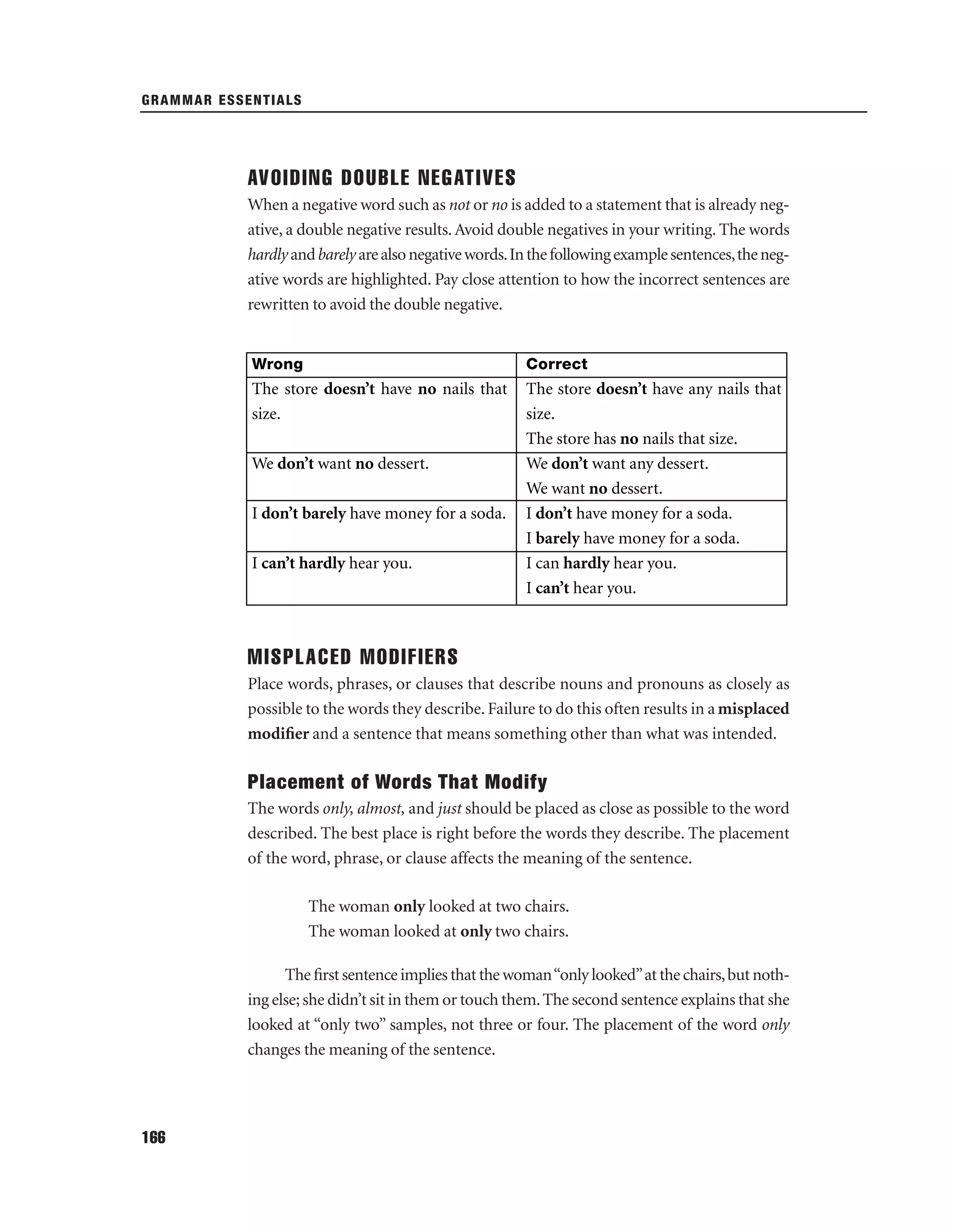 GRAMMAR ESSENTIALS

AVOIDING DOUBLE NEGATIVES
When a negative word such as not or no is added to a statement that is already negative, a double negative results. Avoid double negatives in your writing. The words
hardly and barely are also negative words. In the following example sentences, the negative words are highlighted. Pay close attention to how the incorrect sentences are
rewritten to avoid the double negative.

Wrong

Correct

The store doesn’t have no nails that
size.

The store doesn’t have any nails that
size.
The store has no nails that size.
We don’t want any dessert.
We want no dessert.
I don’t have money for a soda.
I barely have money for a soda.
I can hardly hear you.
I can’t hear you.

We don’t want no dessert.
I don’t barely have money for a soda.
I can’t hardly hear you.

MISPLACED MODIFIERS
Place words, phrases, or clauses that describe nouns and pronouns as closely as
possible to the words they describe. Failure to do this often results in a misplaced
modiﬁer and a sentence that means something other than what was intended.

Placement of Words That Modify
The words only, almost, and just should be placed as close as possible to the word
described. The best place is right before the words they describe. The placement
of the word, phrase, or clause affects the meaning of the sentence.
The woman only looked at two chairs.
The woman looked at only two chairs.
The ﬁrst sentence implies that the woman “only looked”at the chairs, but nothing else; she didn’t sit in them or touch them. The second sentence explains that she
looked at “only two” samples, not three or four. The placement of the word only
changes the meaning of the sentence.

166

 