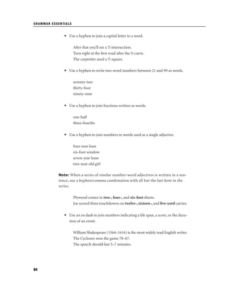 GRAMMAR ESSENTIALS

• Use a hyphen to join a capital letter to a word.
After that you’ll see a T-intersection.
Turn right at the ﬁrst road after the S-curve.
The carpenter used a T-square.
• Use a hyphen to write two-word numbers between 21 and 99 as words.
seventy-two
thirty-four
ninety-nine
• Use a hyphen to join fractions written as words.
one-half
three-fourths
• Use a hyphen to join numbers to words used as a single adjective.
four-year loan
six-foot window
seven-year lease
two-year-old girl
Note: When a series of similar number-word adjectives is written in a sen-

tence, use a hyphen/comma combination with all but the last item in the
series.
Plywood comes in two-, four-, and six-foot sheets.
Joe scored three touchdowns on twelve-, sixteen-, and ﬁve-yard carries.
• Use an en dash to join numbers indicating a life span, a score, or the duration of an event.
William Shakespeare (1564–1616) is the most widely read English writer.
The Cyclones won the game 78–67.
The speech should last 5–7 minutes.

94

 