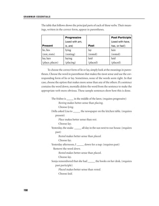 GRAMMAR ESSENTIALS

The table that follows shows the principal parts of each of these verbs. Their meanings, written in the correct form, appear in parentheses.
Progressive

Past Participle

(used with am,

(used with have,

Present

is, are)

Past

has, or had )

lie, lies
(rest, rests)
lay, lays
(place, places)

lying
(resting)
laying
(placing)

lay
(rested)
laid
(placed)

lain
(rested)
laid
(placed)

To choose the correct form of lie or lay, simply look at the meanings in parentheses. Choose the word in parentheses that makes the most sense and use the corresponding form of lie or lay. Sometimes, none of the words seem right. In that
case, choose the option that makes more sense than any of the others. If a sentence
contains the word down, mentally delete the word from the sentence to make the
appropriate verb more obvious. These sample sentences show how this is done.
The frisbee is _____ in the middle of the lawn. (requires progressive)
Resting makes better sense than placing.
Choose lying.
Della asked Lisa to _____ the newspaper on the kitchen table. (requires
present)
Place makes better sense than rest.
Choose lay.
Yesterday, the snake _____ all day in the sun next to our house. (requires
past)
Rested makes better sense than placed.
Choose lay.
Yesterday afternoon, I _____ down for a nap. (requires past)
Remove the word down.
Rested makes better sense than placed.
Choose lay.
Sonja remembered that she had _____ the books on her desk. (requires
past participle)
Placed makes better sense than rested.
Choose laid.

150

 