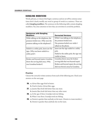 GRAMMAR ESSENTIALS

DANGLING MODIFIERS
Words, phrases, or clauses that begin a sentence and are set off by commas sometimes don’t clearly modify any word or group of words in a sentence. These are
called dangling modiﬁers. The sentences in the following table contain dangling
modiﬁers. Pay close attention to how they are rewritten to avoid the problem.

Sentences with Dangling
Modiﬁers

While talking on the telephone, the
potatoes boiled over. (Why were the
potatoes talking on the telephone?)
Nailed to a utility pole, Jason saw the
sign. (Why was Jason nailed to a
utility pole?)
Broken and beyond repair, Grandma
threw the serving dish away. (Why
was Grandma broken?)

Corrected Versions

While I was talking on the telephone,
the potatoes boiled over.
The potatoes boiled over while I
talked on the phone.
Jason saw the sign nailed to a utility
pole.
Nailed to the utility pole, the sign was
visible to Jason.
Grandma threw away the broken
serving dish that was beyond repair.
Broken and beyond repair, the serving
dish was thrown away by Grandma.

Practice

Choose the correctly written sentence from each of the following sets. Check your
answers on the next page.
26. a. Sylvan likes eggs fried in butter.
b. Fried in butter, Sylvan likes eggs.
27. a. Janette likes fresh ﬁsh better than any meat.
b. Janette likes fresh ﬁsh better than any other meat.
28. a. At the age of three, Grandpa took me ﬁshing.
b. When I was three, Grandpa took me ﬁshing.
29. a. Dennis is quicker than anybody on the team. (Dennis is a team member.)
b. Dennis is quicker than anybody else on the team.

168

 