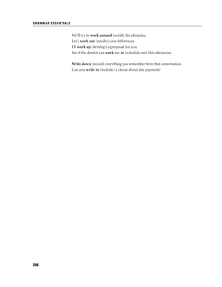 GRAMMAR ESSENTIALS

We’ll try to work around (avoid) the obstacles.
Let’s work out (resolve) our differences.
I’ll work up (develop) a proposal for you.
See if the dentist can work me in (schedule me) this afternoon.
Write down (record) everything you remember from that conversation.
Can you write in (include) a clause about late payment?

206

 