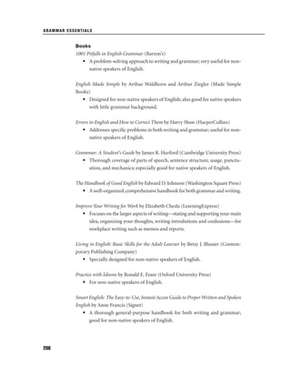 GRAMMAR ESSENTIALS

Books

1001 Pitfalls in English Grammar (Barron’s)
• A problem-solving approach to writing and grammar; very useful for nonnative speakers of English.
English Made Simple by Arthur Waldhorn and Arthur Ziegler (Made Simple
Books)
• Designed for non-native speakers of English; also good for native speakers
with little grammar background.
Errors in English and How to Correct Them by Harry Shaw (HarperCollins)
• Addresses speciﬁc problems in both writing and grammar; useful for nonnative speakers of English.
Grammar: A Student’s Guide by James R. Hurford (Cambridge University Press)
• Thorough coverage of parts of speech, sentence structure, usage, punctuation, and mechanics; especially good for native speakers of English.
The Handbook of Good English by Edward D. Johnson (Washington Square Press)
• A well-organized, comprehensive handbook for both grammar and writing.
Improve Your Writing for Work by Elizabeth Chesla (LearningExpress)
• Focuses on the larger aspects of writing—stating and supporting your main
idea, organizing your thoughts, writing introdutions and conlusions—for
workplace writing such as memos and reports.
Living in English: Basic Skills for the Adult Learner by Betsy J. Blusser (Contemporary Publishing Company)
• Specially designed for non-native speakers of English.
Practice with Idioms by Ronald E. Feare (Oxford University Press)
• For non-native speakers of English.
Smart English: The Easy-to-Use, Instant Access Guide to Proper Written and Spoken
English by Anne Francis (Signet)
• A thorough general-purpose handbook for both writing and grammar;
good for non-native speakers of English.

208

 