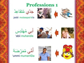 Professions 1 
جَد ي مُّْتقاعِّْ دّْ 
jaddi mutaaqaa’id/a 
أَبي مُّْهَ نّْدِس 
‘abii muhandis 
أ مي مُّْمَ رّْضَة 
‘ummi mumarriDa 
 