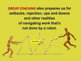 GROUP COACHING also prepares us for
setbacks, rejection, ups and downs
and other realities
of navigating work that’s
not done by a robot.
 