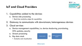 IoT and Cloud Providers
1. Capabilities added to the devices
a. Device side processing
• Real-time analytics, edge ML capabilities
2. Gateway to communicate with downstream, heterogeneous devices
3. Cloud services
a. Device management capabilities, i.e. device shadowing, provisioning,
OTA updates, security
a. Stream processing
b. Big data stack
• Analytics and visualization
#ISSLearningFest
Cloud-centric Device/Gateway-
centric
 
