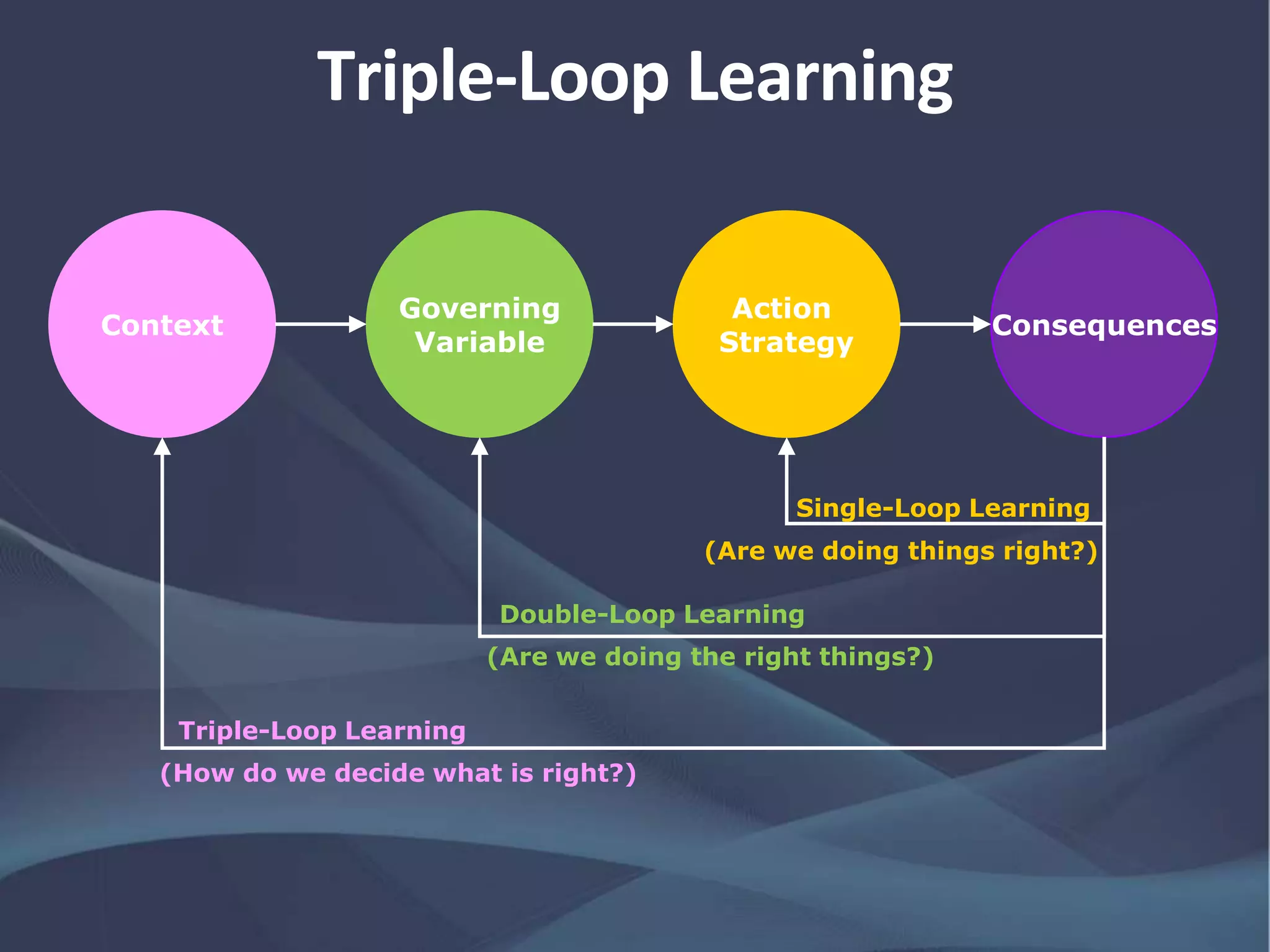 Triple-Loop Learning
Consequences
Action
Strategy
Governing
Variable
Context
Single-Loop Learning
Double-Loop Learning
Triple-Loop Learning
(Are we doing things right?)
(Are we doing the right things?)
(How do we decide what is right?)
 