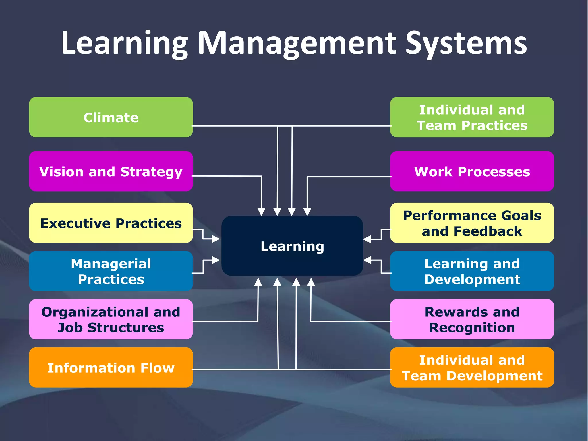 Learning Management Systems
Learning
Climate
Executive Practices
Vision and Strategy
Organizational and
Job Structures
Managerial
Practices
Information Flow
Individual and
Team Practices
Performance Goals
and Feedback
Work Processes
Rewards and
Recognition
Learning and
Development
Individual and
Team Development
 