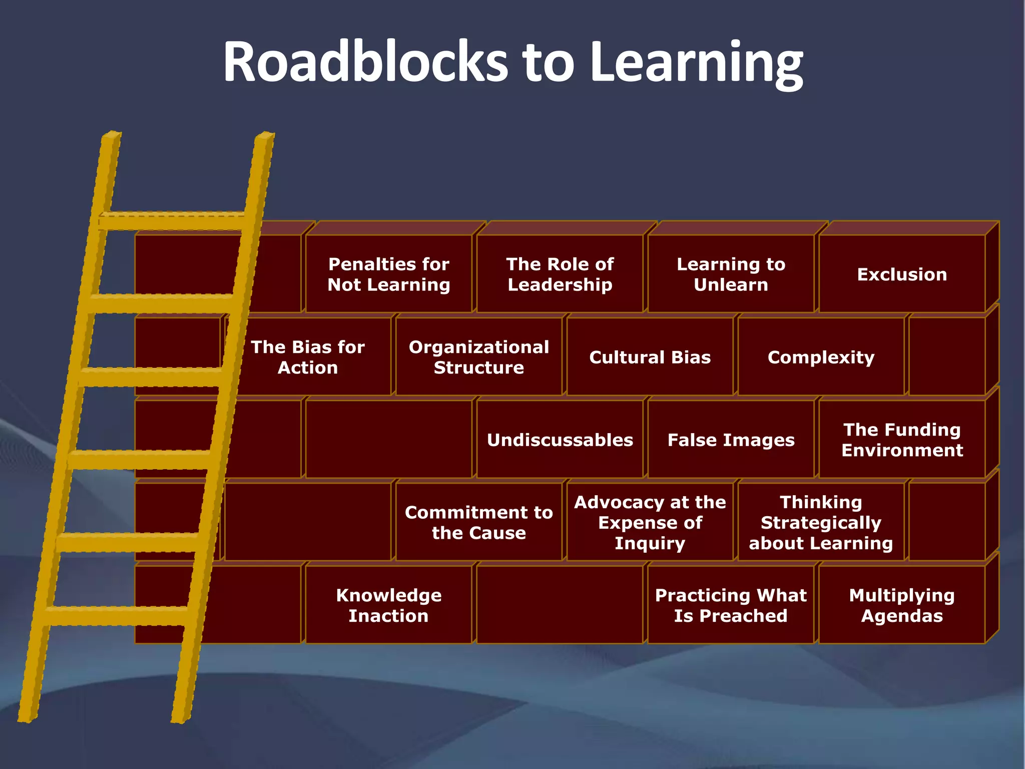 Roadblocks to Learning
Knowledge
Inaction
Practicing What
Is Preached
Multiplying
Agendas
Commitment to
the Cause
Advocacy at the
Expense of
Inquiry
Thinking
Strategically
about Learning
Undiscussables False Images
The Funding
Environment
The Bias for
Action
Organizational
Structure
Cultural Bias Complexity
Penalties for
Not Learning
The Role of
Leadership
Learning to
Unlearn
Exclusion
 