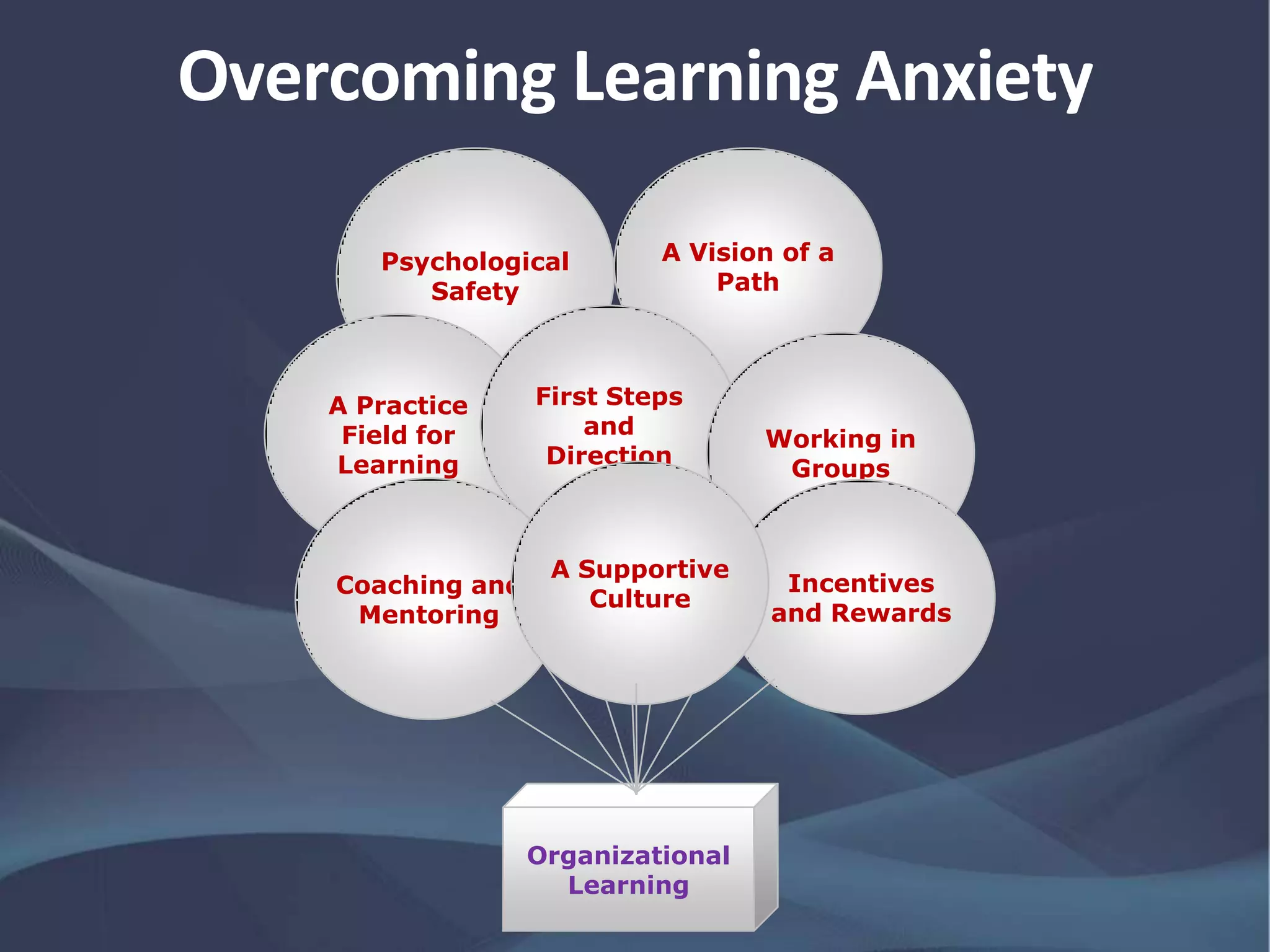 Organizational
Learning
Psychological
Safety
A Vision of a
Path
A Practice
Field for
Learning
First Steps
and
Direction
Working in
Groups
Coaching and
Mentoring
Incentives
and Rewards
A Supportive
Culture
Overcoming Learning Anxiety
 