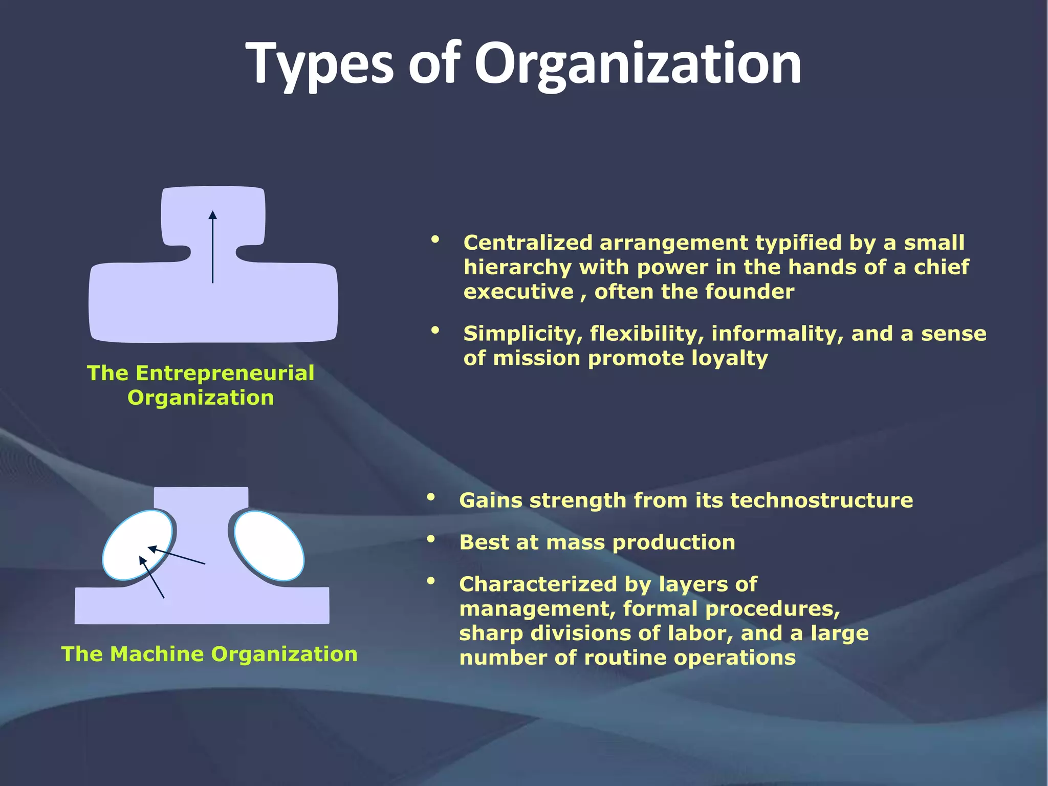 Types of Organization
The Machine Organization
• Gains strength from its technostructure
• Best at mass production
• Characterized by layers of
management, formal procedures,
sharp divisions of labor, and a large
number of routine operations
The Entrepreneurial
Organization
• Centralized arrangement typified by a small
hierarchy with power in the hands of a chief
executive , often the founder
• Simplicity, flexibility, informality, and a sense
of mission promote loyalty
 