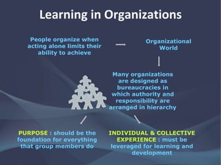 Learning in Organizations
Organizational
World
People organize when
acting alone limits their
ability to achieve
Many organizations
are designed as
bureaucracies in
which authority and
responsibility are
arranged in hierarchy
PURPOSE : should be the
foundation for everything
that group members do
INDIVIDUAL & COLLECTIVE
EXPERIENCE : must be
leveraged for learning and
development
 
