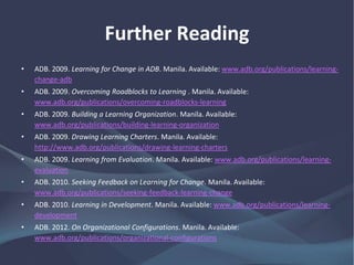 Further Reading
• ADB. 2009. Learning for Change in ADB. Manila.
www.adb.org/publications/learning-change-adb
• ——. 2009. Overcoming Roadblocks to Learning . Manila.
www.adb.org/publications/overcoming-roadblocks-learning
• ——. 2009. Building a Learning Organization. Manila.
www.adb.org/publications/building-learning-organization
• ——. 2009. Drawing Learning Charters. Manila.
http://www.adb.org/publications/drawing-learning-charters
• ——. 2009. Learning from Evaluation. Manila.
www.adb.org/publications/learning-evaluation
 