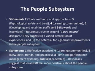 The People Subsystem
• Statements 2 (Tools, methods, and approaches), 3
(Psychological safety and trust), 4 (Learning communities), 6
(Developing and retaining staff), and 9 (Rewards and
incentives) – Responses cluster around "agree-neutral-
disagree." They suggest (i) a varied perception of experiences,
and (ii) the potential for significant improvements in the
people subsystem.
• Statements 1 (Reflective practice), 4 (Learning communities), 5
(New ideas, trends, and practices), 8 (Time and performance
management systems), and 10 (Leadership) – Responses
suggest that local staff feel more positively about the people
subsystem.
 