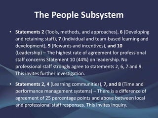 The People Subsystem
• Statements 2 (Tools, methods, and approaches), 6 (Developing
and retaining staff), 7 (Individual and team-based learning and
development), 9 (Rewards and incentives), and 10
(Leadership) – The highest rate of agreement for professional
staff concerns Statement 10 (44%) on leadership. No
professional staff strongly agree to statements 2, 6, 7 and 9.
This invites further investigation.
• Statements 2, 4 (Learning communities), 7, and 8 (Time and
performance management systems) – There is a difference of
agreement of 25 percentage points and above between local
and professional staff responses. This invites inquiry.
 