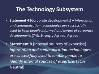 The Technology Subsystem
• Statement 4 (Corporate developments) – Information
and communication technologies are successfully
used to keep people informed and aware of corporate
development. (74% Strongly Agreed, Agreed)
• Statement 8 (Internal sources of expertise) –
Information and communication technologies
are successfully used to enable people to
identify internal sources of expertise. (31%
Neutral)
 