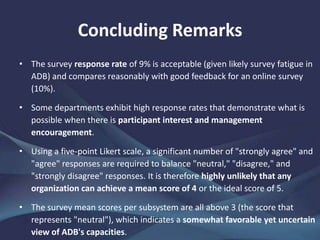 Concluding Remarks
• The survey response rate of 9% is acceptable (given likely survey fatigue in
ADB) and compares reasonably with good feedback for an online survey
(10%).
• Some departments exhibit high response rates that demonstrate what is
possible when there is participant interest and management
encouragement.
• Using a five-point Likert scale, a significant number of "strongly agree" and
"agree" responses are required to balance "neutral," "disagree," and
"strongly disagree" responses. It is therefore highly unlikely that any
organization can achieve a mean score of 4 or the ideal score of 5.
• The survey mean scores per subsystem are all above 3 (the score that
represents "neutral"), which indicates a somewhat favorable yet uncertain
view of ADB's capacities.
 