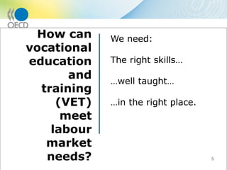 5
How can
vocational
education
and
training
(VET)
meet
labour
market
needs?
We need:
The right skills…
…well taught…
…in the right place.
 