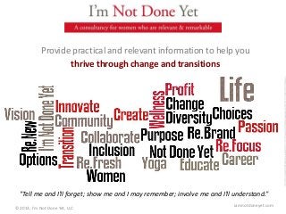 Provide practical and relevant information to help you
thrive through change and transitions
"Tell me and I'll forget; show me and I may remember; involve me and I'll understand.”
© 2013, I'm Not Done Yet, LLC iamnotdoneyet.com
 