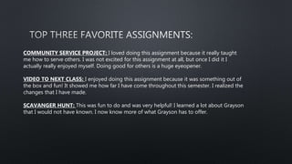 COMMUNITY SERVICE PROJECT: I loved doing this assignment because it really taught
me how to serve others. I was not excited for this assignment at all, but once I did it I
actually really enjoyed myself. Doing good for others is a huge eyeopener.
VIDEO TO NEXT CLASS: I enjoyed doing this assignment because it was something out of
the box and fun! It showed me how far I have come throughout this semester. I realized the
changes that I have made.
SCAVANGER HUNT: This was fun to do and was very helpful! I learned a lot about Grayson
that I would not have known. I now know more of what Grayson has to offer.
 