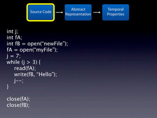 Abstract      Temporal
         Source Code
                       Representation   Properties



int j;
int fA;
int fB = open(“newFile”);
fA = open(“myFile”);
j = 7;
while (j > 3) {
   read(fA);
   write(fB, “Hello”);
   j--;
}

close(fA);
close(fB);
 