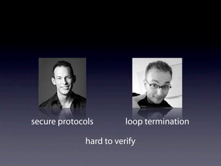 secure protocols        loop termination

             hard to verify
 