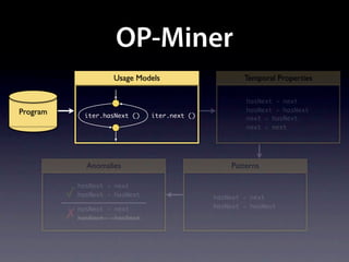 OP-Miner
                       Usage Models                      Temporal Properties

                                                          hasNext ≺ next
Program                                                   hasNext ≺ hasNext
               iter.hasNext ()    iter.next ()            next ≺ hasNext
                                                          next ≺ next




                Anomalies                            Patterns

              hasNext ≺ next
          ✓   hasNext ≺ hasNext                  hasNext ≺ next
              hasNext ≺ next                     hasNext ≺ hasNext
          ✗   hasNext ≺ hasNext
 